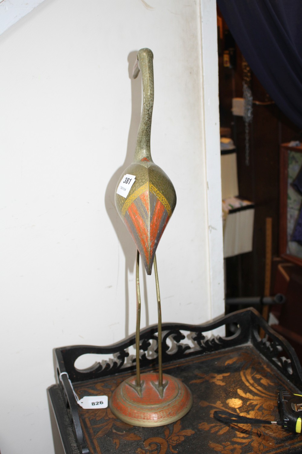 A Benares enamelled brass model of a wading bird, height 62cm